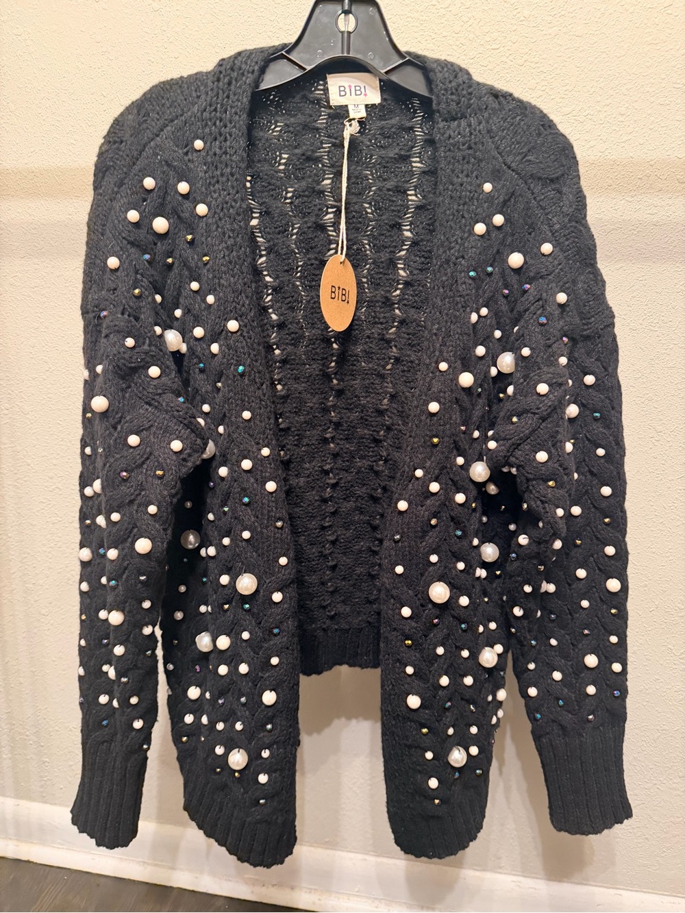BiBi Black Pearl-Embellished Cable Knit Cardigan